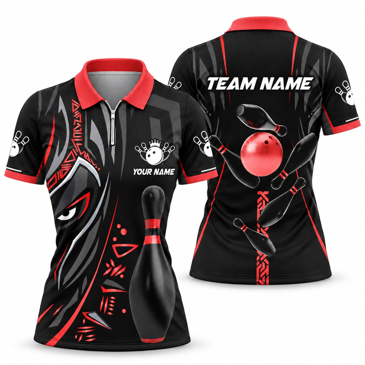 Black Panther Pro Red Custom Bowling Quarter-Zip - Women's Quarter-Zip Polo Red, front and back