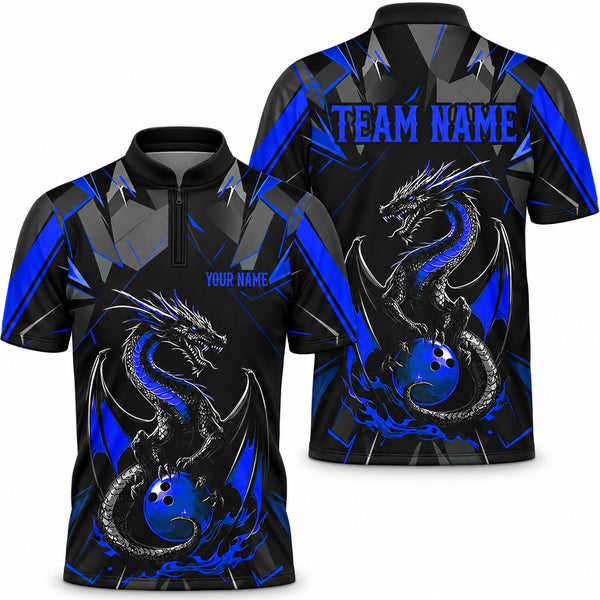 Purple Dragon Blue Custom Bowling Jersey - Bowling Jersey Blue, front and back