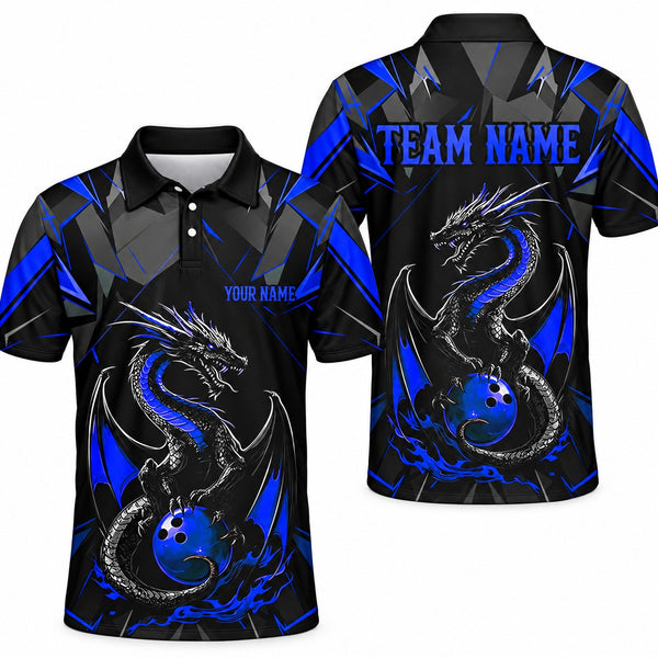 Purple Dragon Blue Custom Bowling Polo - Unisex Polo Blue, front and back
