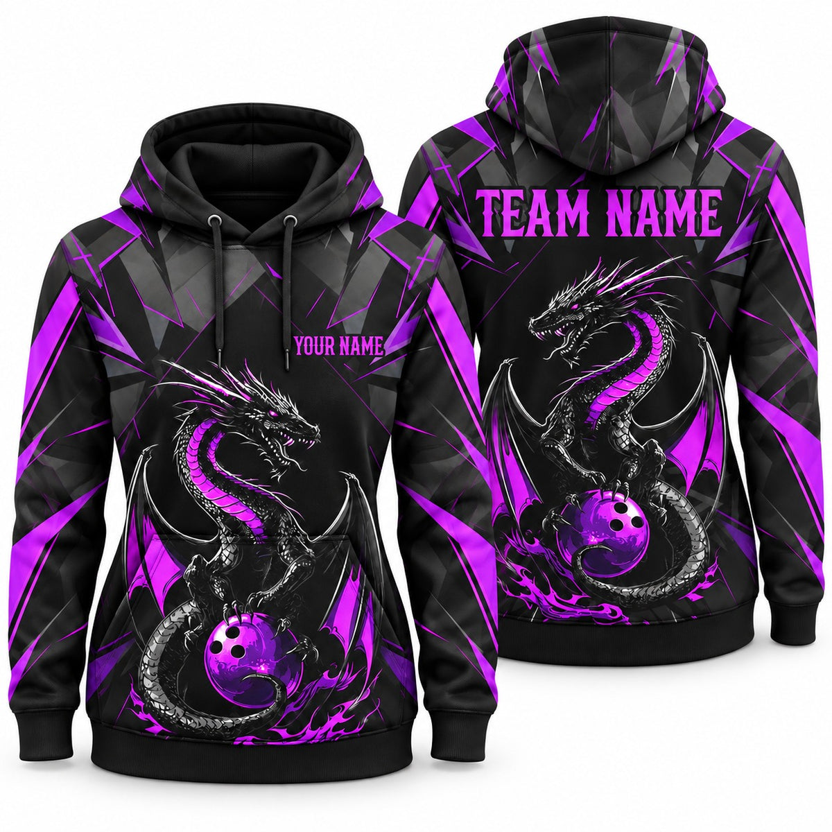 Purple Dragon Purple Custom Bowling Hoodie - Women's Hoodie Purple, front and back