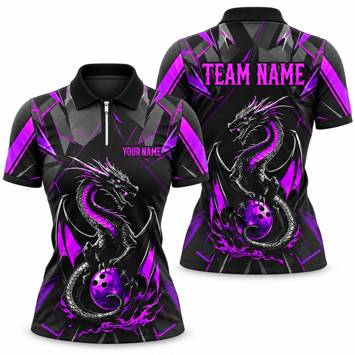 Purple Dragon Purple Custom Bowling Quarter-Zip - Women's Quarter-Zip Polo Purple, front and back