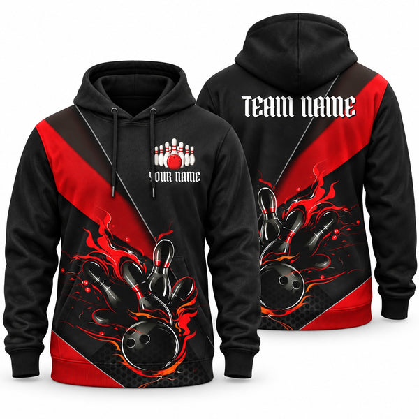Black & Red Flame Red Custom Bowling Hoodie - Hoodie Red, front and back