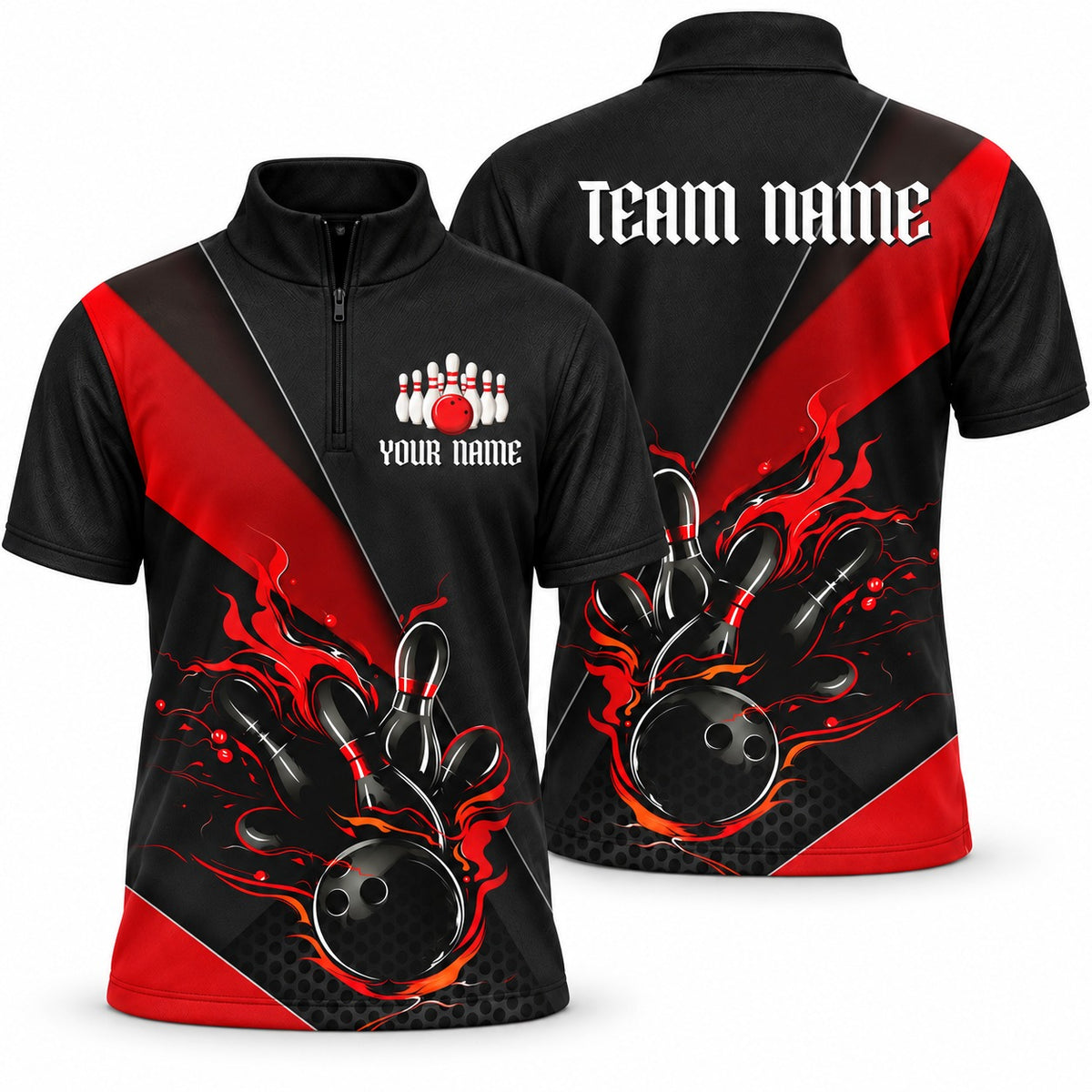 Black & Red Flame Red Custom Bowling Jersey - Bowling Jersey Red, front and back