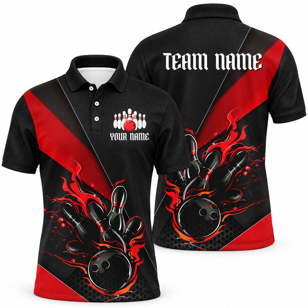 Black & Red Flame Red Custom Bowling Polo - Unisex Polo Red, front and back