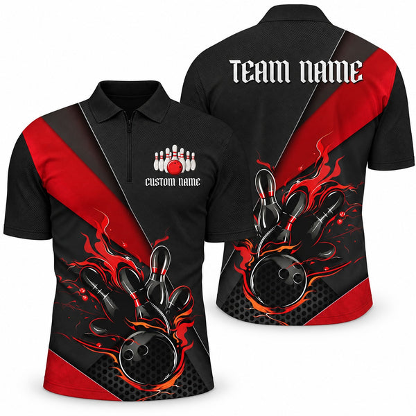 Black & Red Flame Red Custom Bowling Quarter-Zip - Quarter-Zip Polo Red, front and back