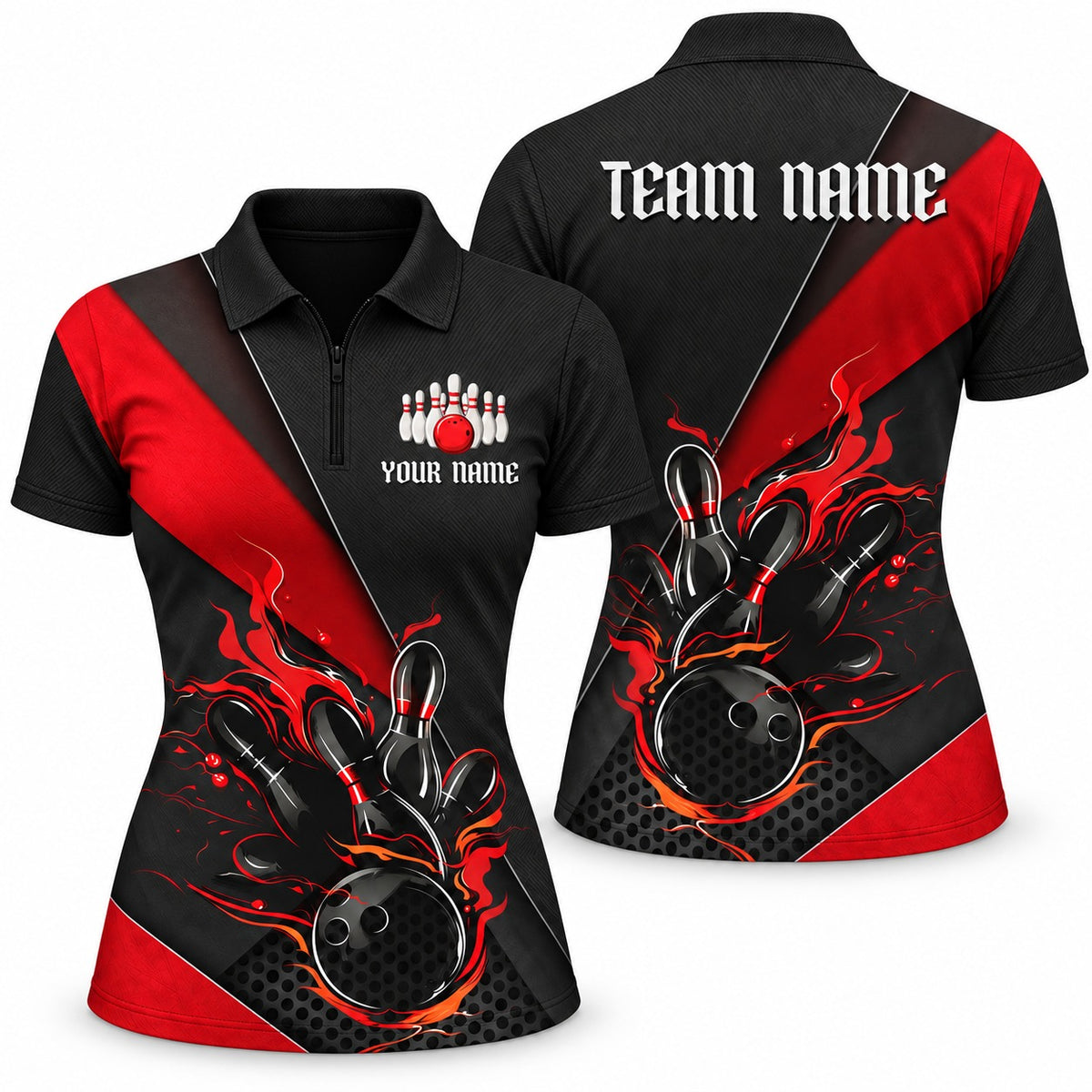 Black & Red Flame Red Custom Bowling Quarter-Zip - Women's Quarter-Zip Polo Red, front and back
