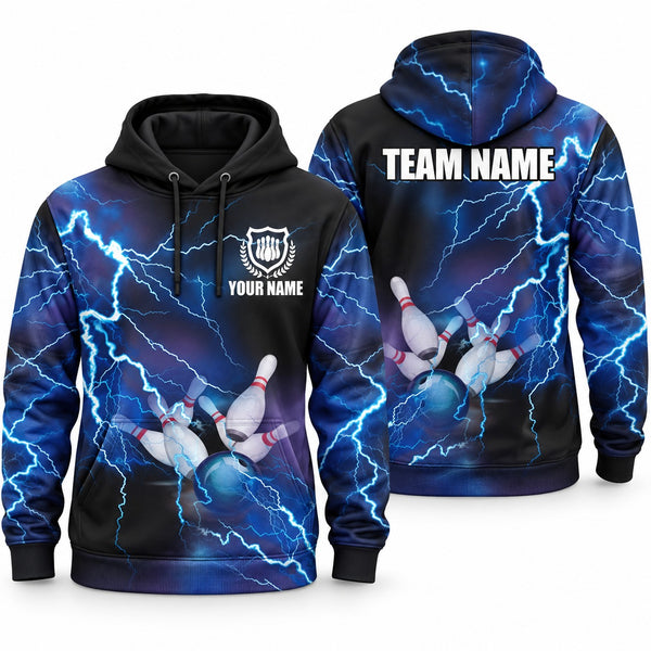 Blue Lightning Blue Custom Bowling Hoodie - Hoodie Blue, front and back