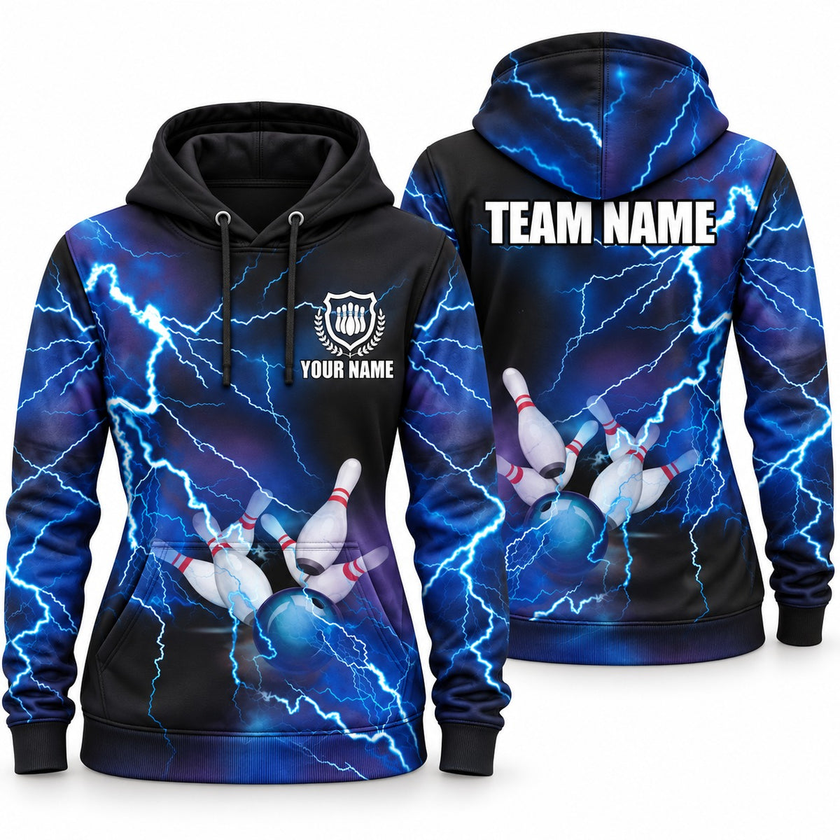Blue Lightning Blue Custom Bowling Hoodie - Women's Hoodie Blue, front and back