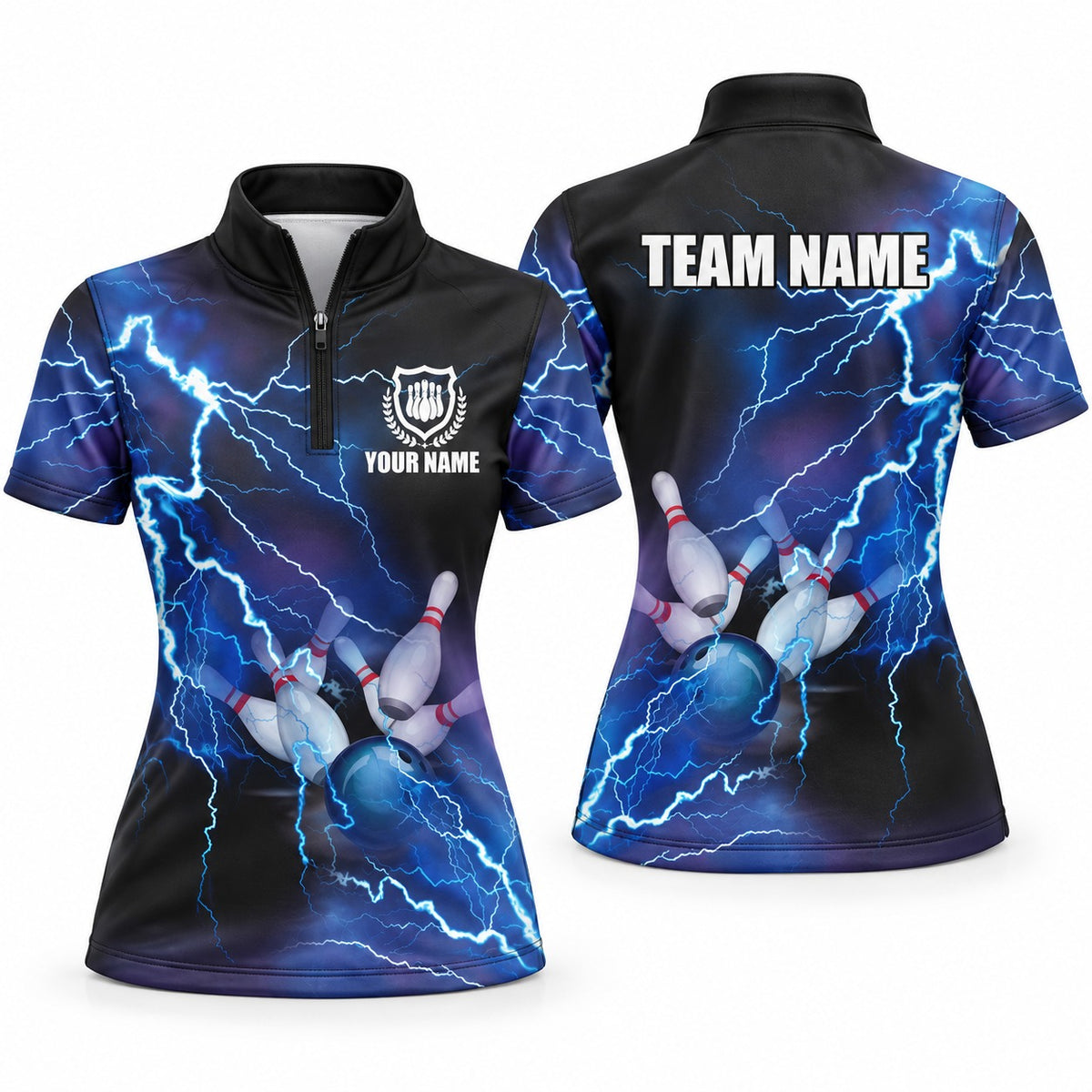 Blue Lightning Blue Custom Bowling Jersey - Women's Bowling Jersey Blue, front and back