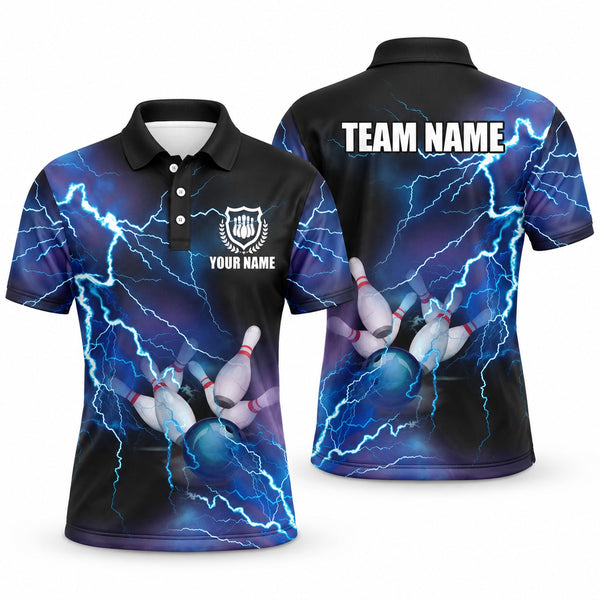 Blue Lightning Blue Custom Bowling Polo - Unisex Polo Blue, front and back