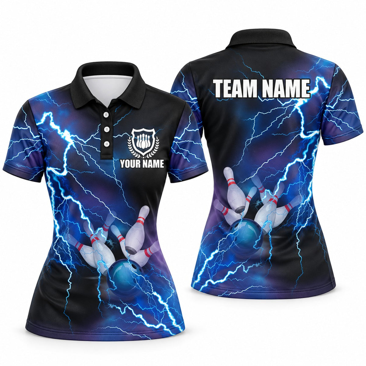 Blue Lightning Blue Custom Bowling Polo - Women Polo Blue, front and back