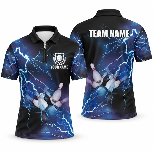 Blue Lightning Blue Custom Bowling Quarter-Zip - Quarter-Zip Polo Blue, front and back