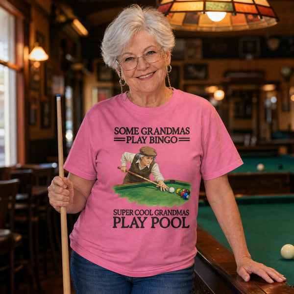 Grandma in a pool hall wearing the Super Cool Grandmas Play Pool tee in Peony