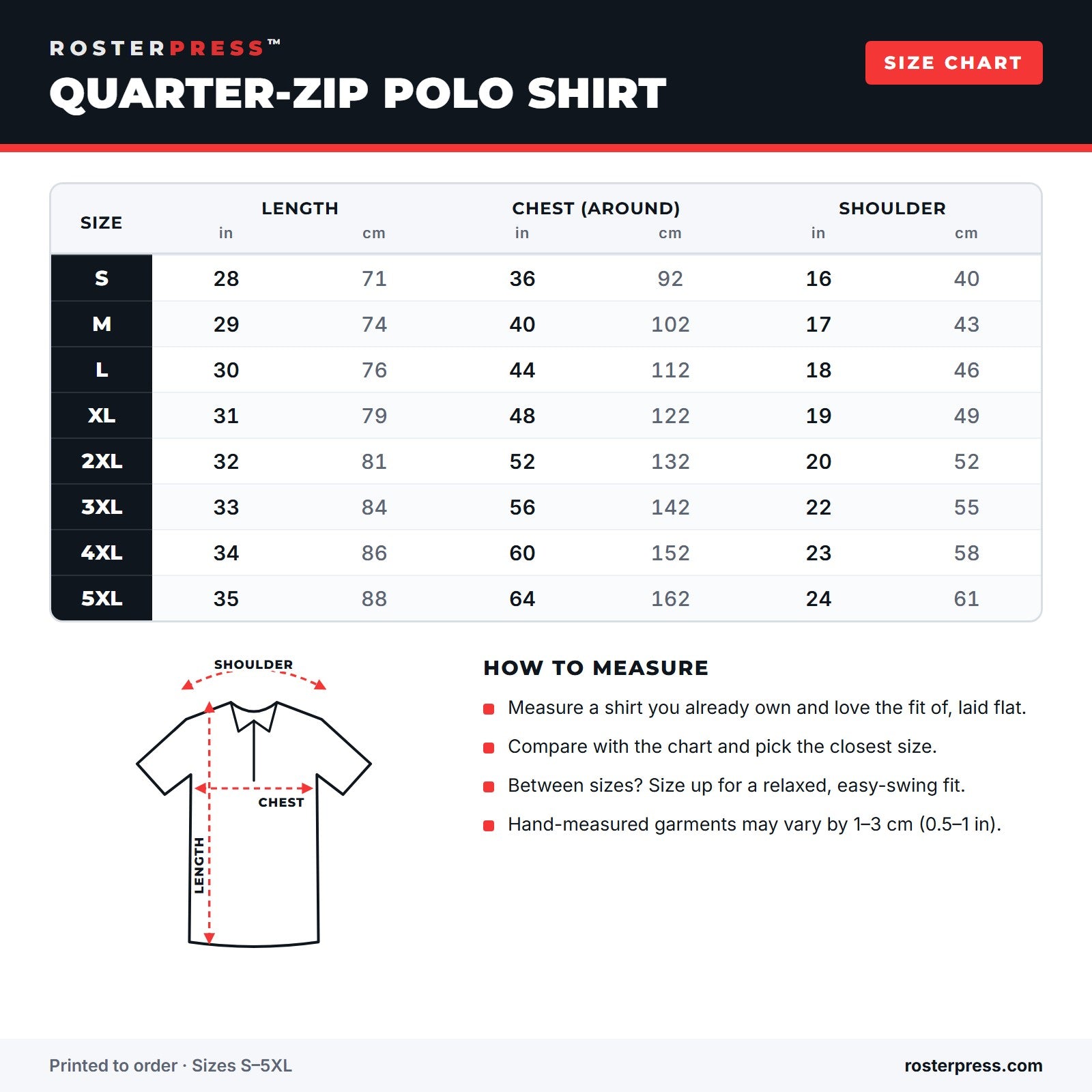 Size chart: Quarter-Zip, sizes S to 5XL in inches and centimeters