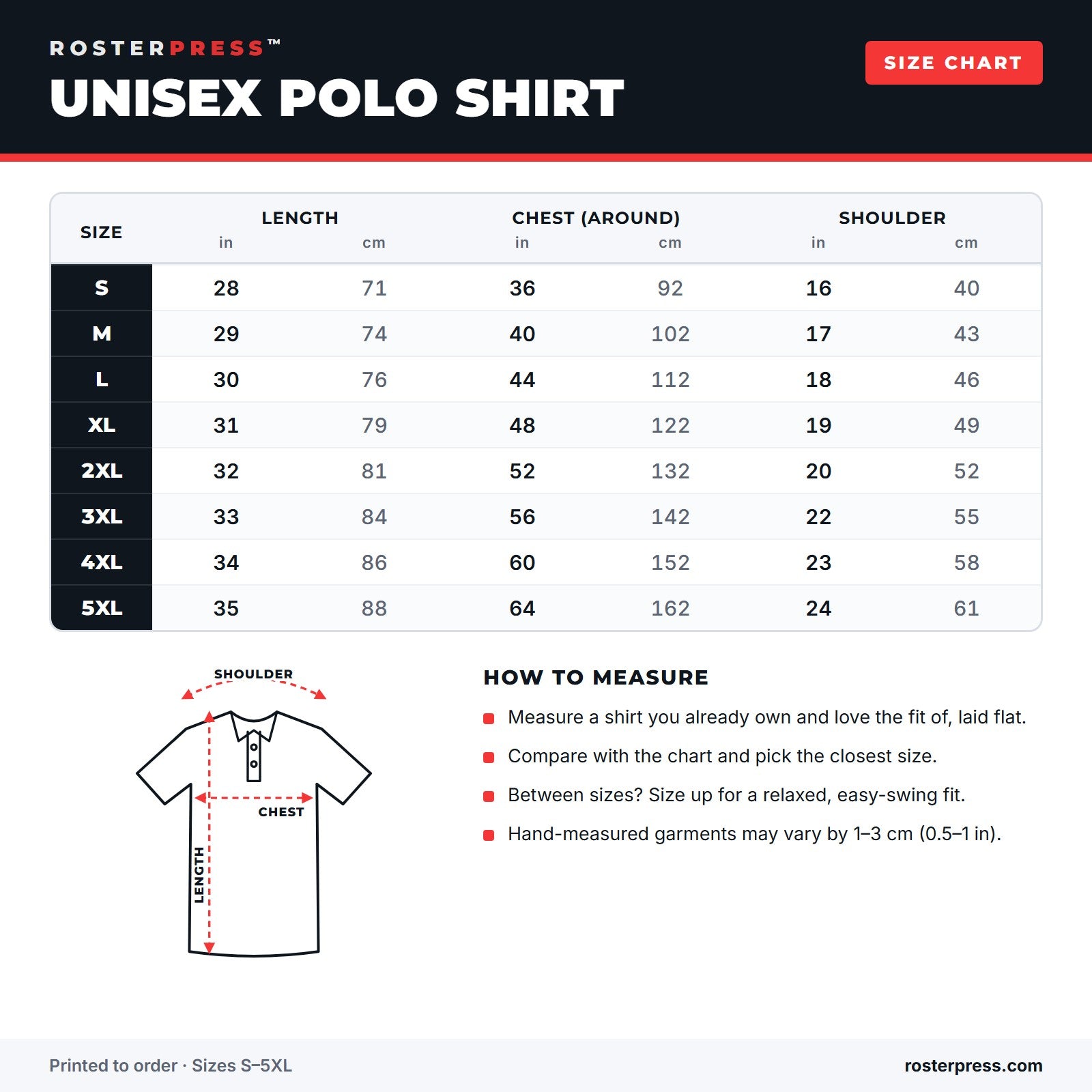 Size chart: Unisex Polo, sizes S to 5XL in inches and centimeters