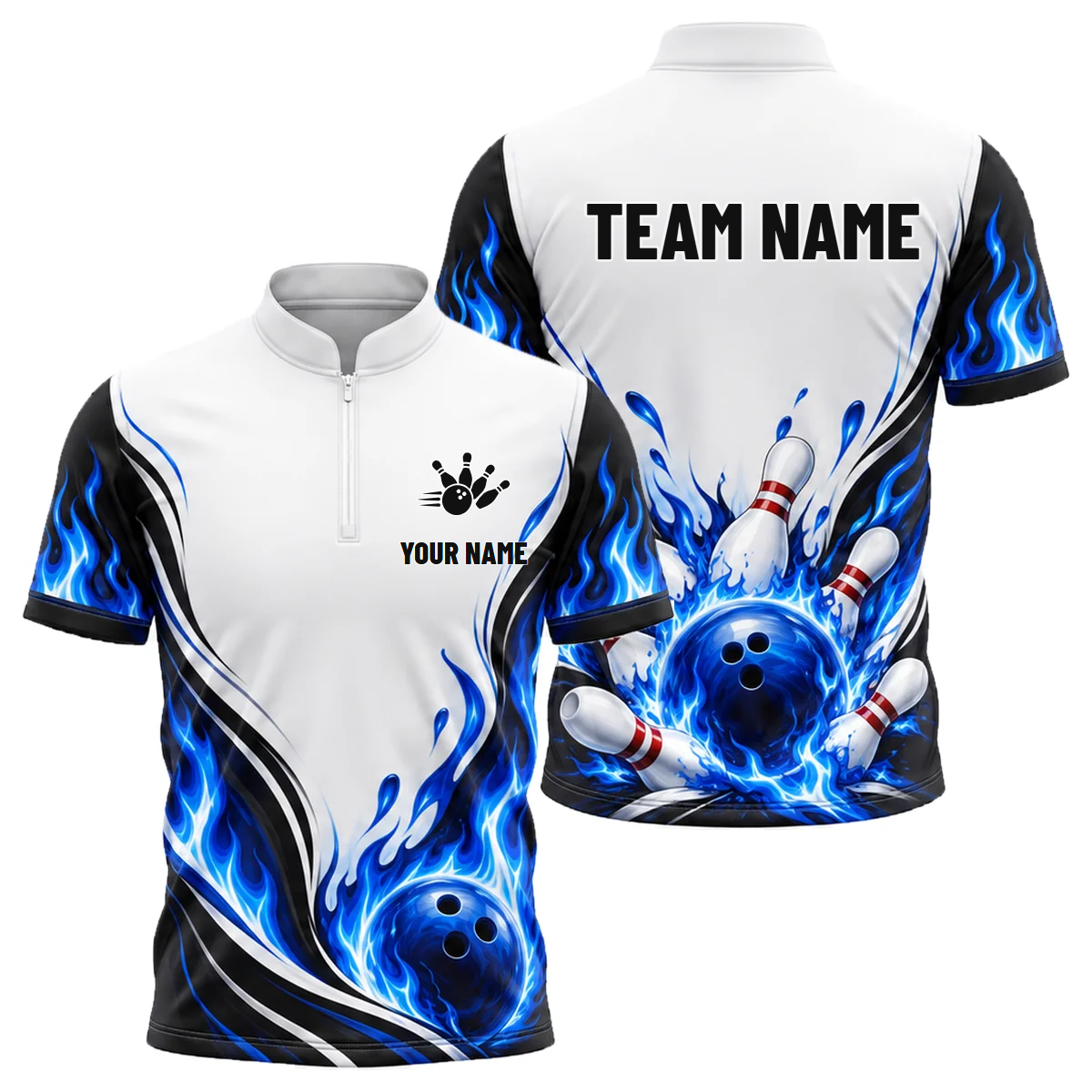 Blue Blaze Strike custom bowling shirt personalized with name and team name