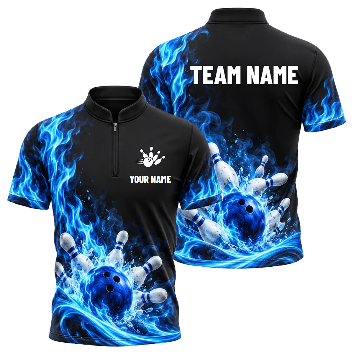 Blue Inferno Swirl custom bowling shirt personalized with name and team name
