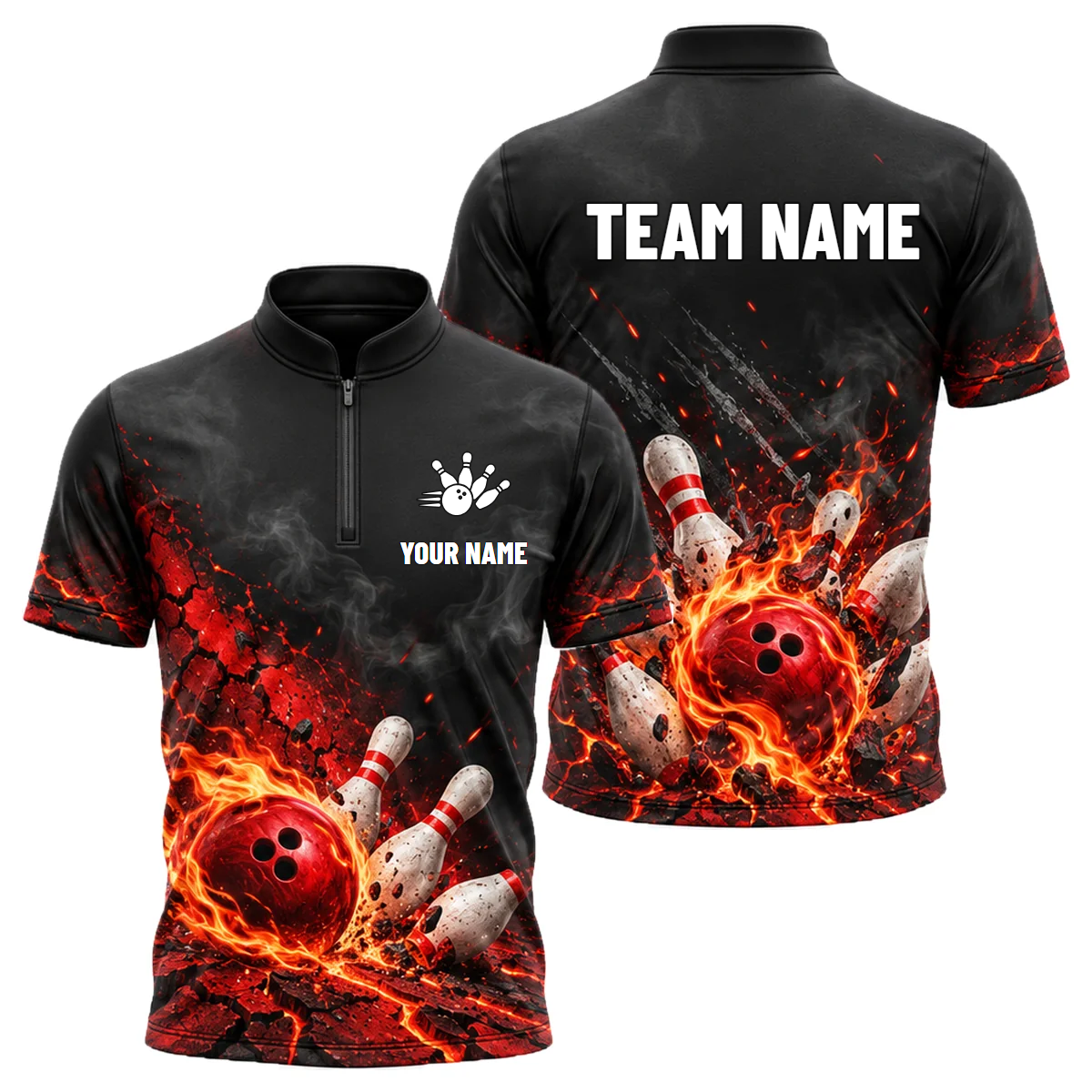 Crimson Grit Fireball custom bowling shirt personalized with name and team name
