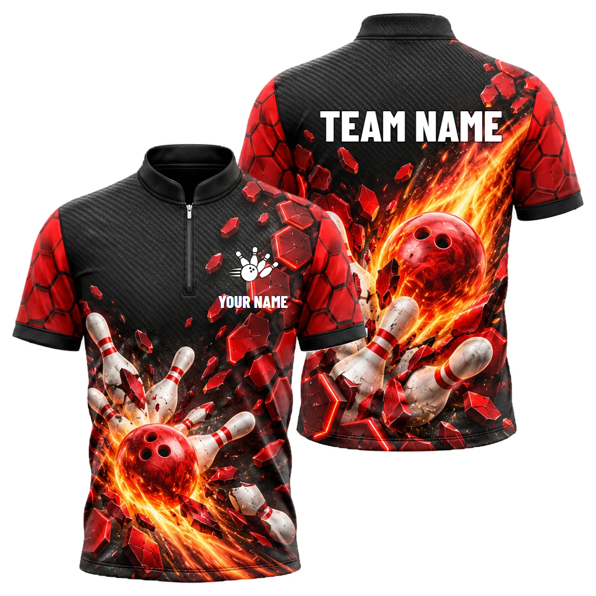 Red Circuit Fireball custom bowling shirt personalized with name and team name
