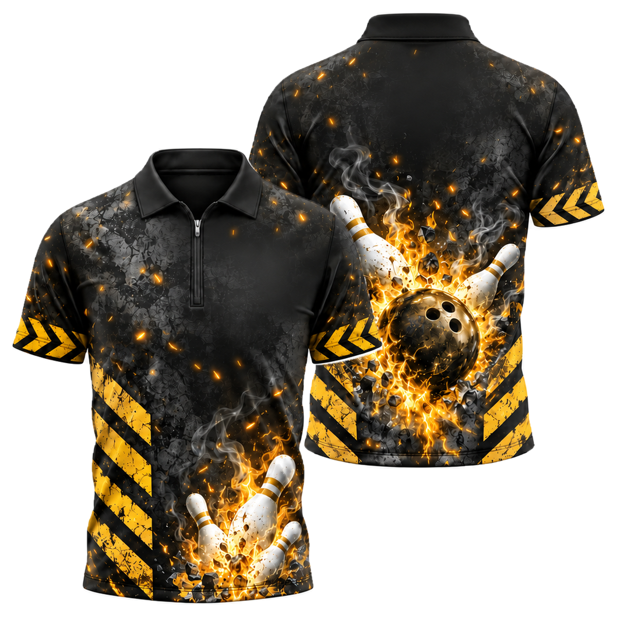Scorched Chevron Strike Quarter-Zip Polo in Black & Gold