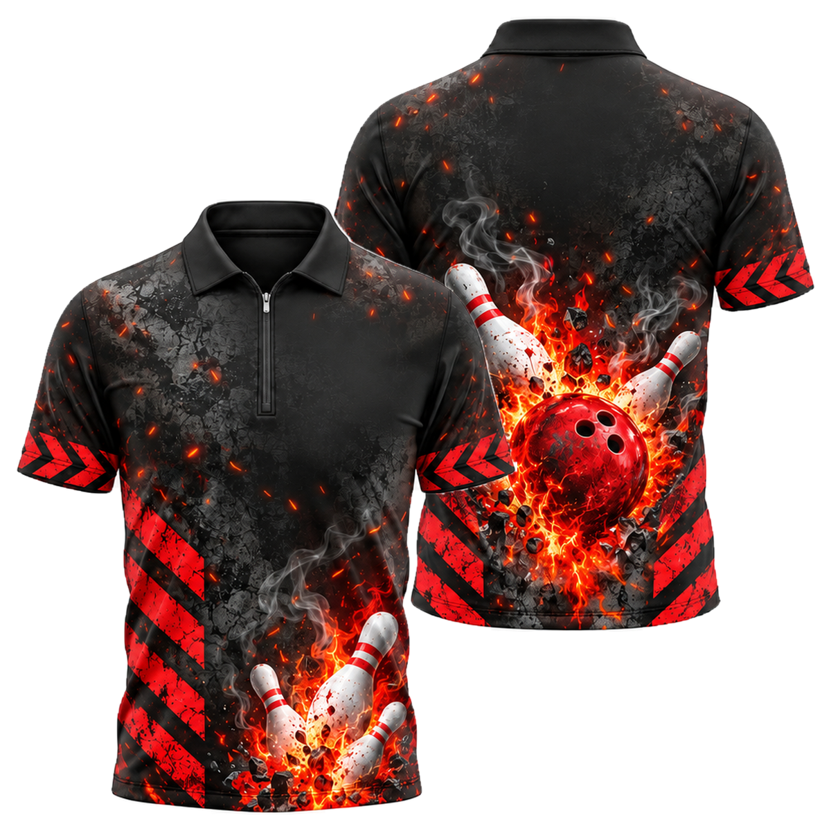 Scorched Chevron Strike Quarter-Zip Polo in Black & Red
