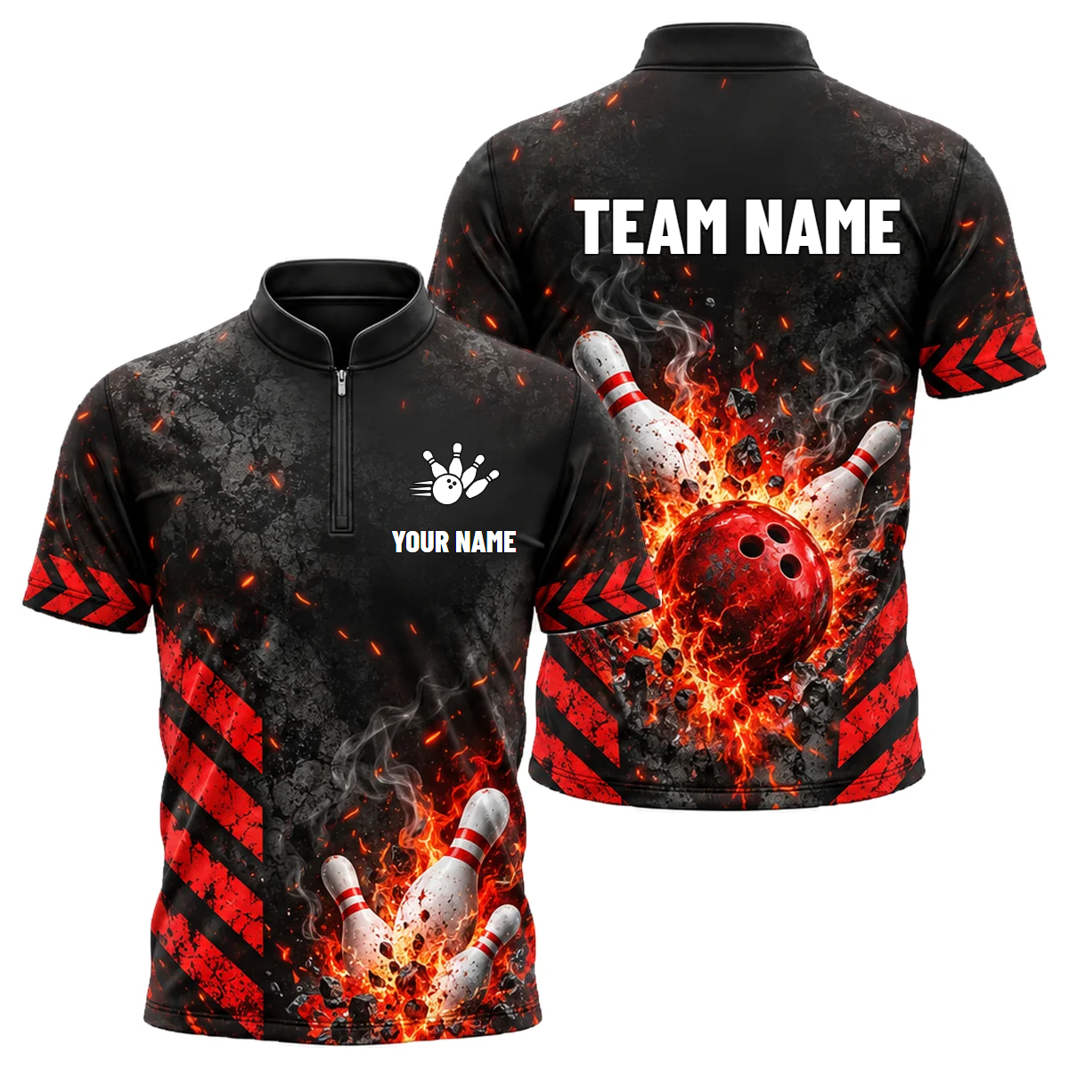 Scorched Chevron Strike custom bowling shirt personalized with name and team name