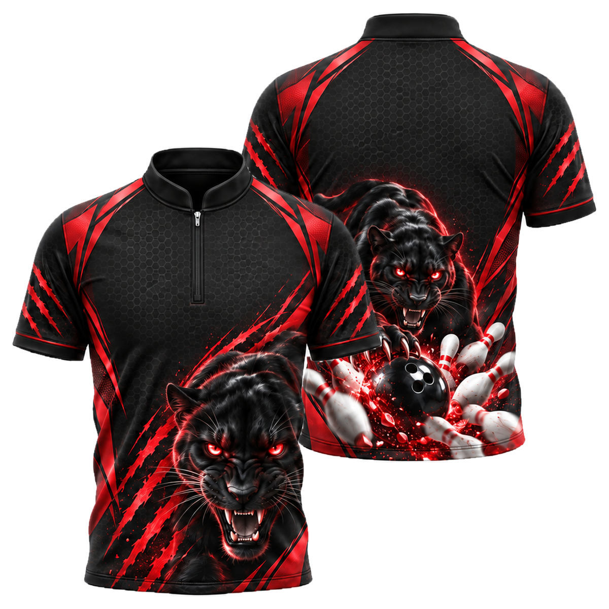 Gold Panther Strike Bowling Jersey in Black & Red