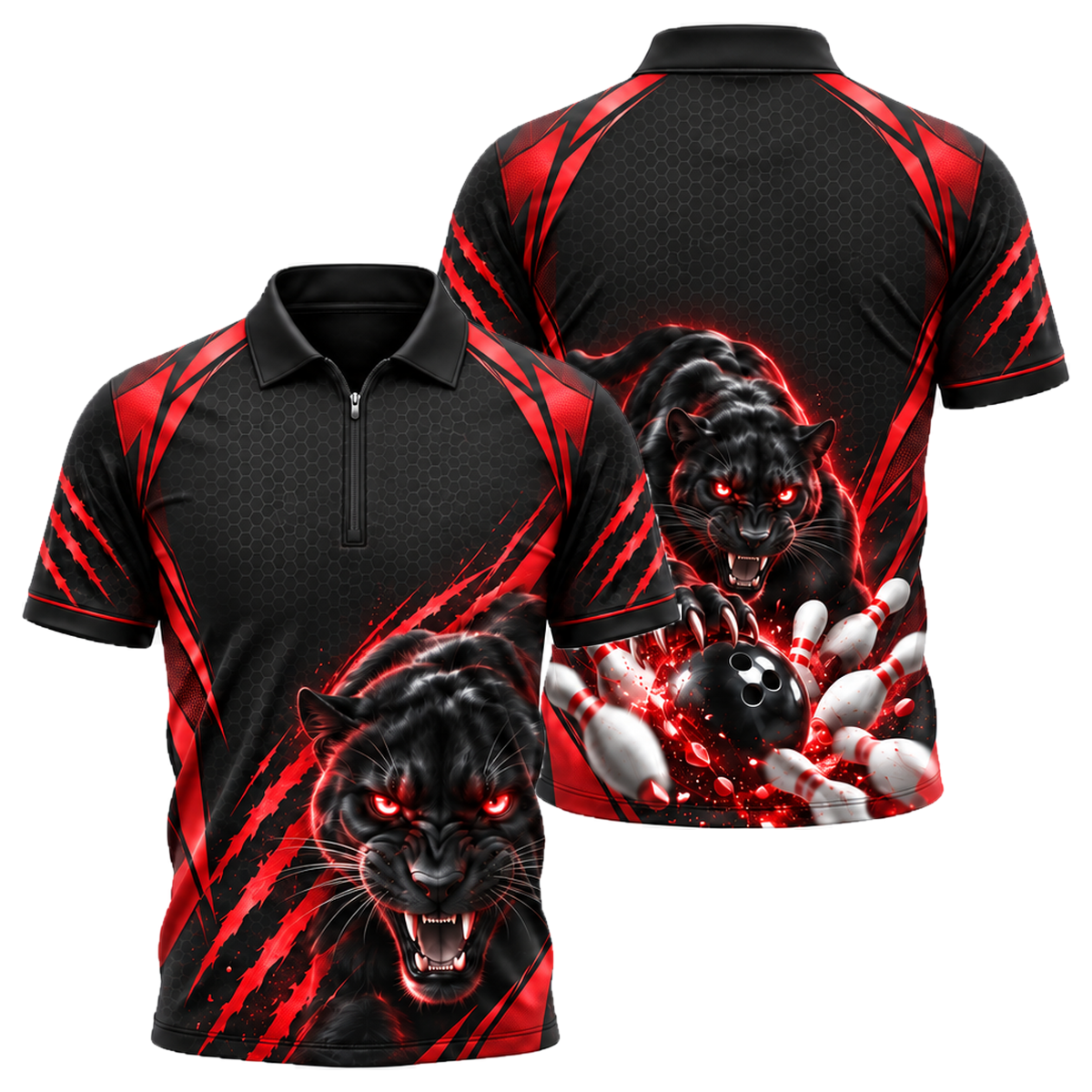 Gold Panther Strike Quarter-Zip Polo in Black & Red