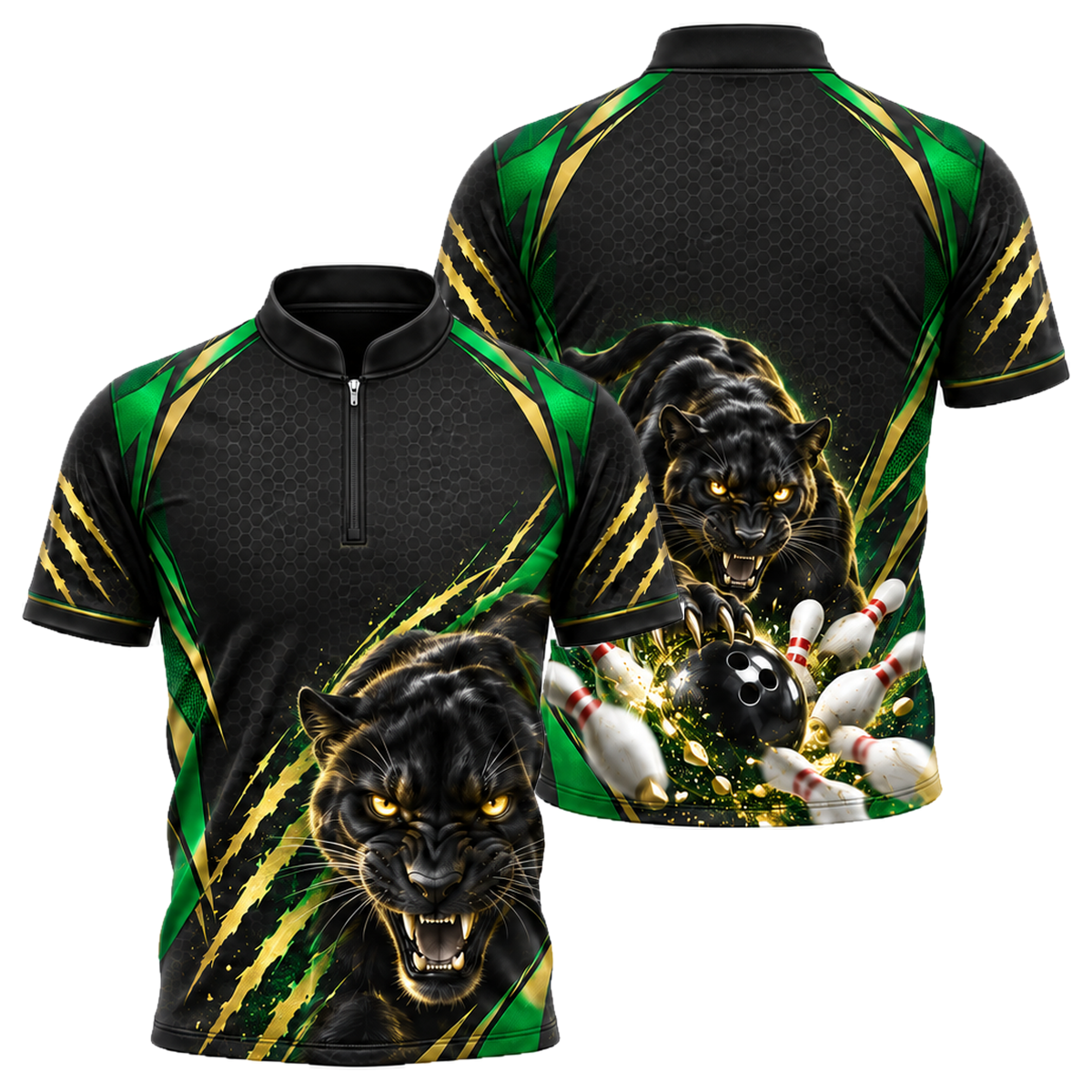 Gold Panther Strike Bowling Jersey in Green & Gold