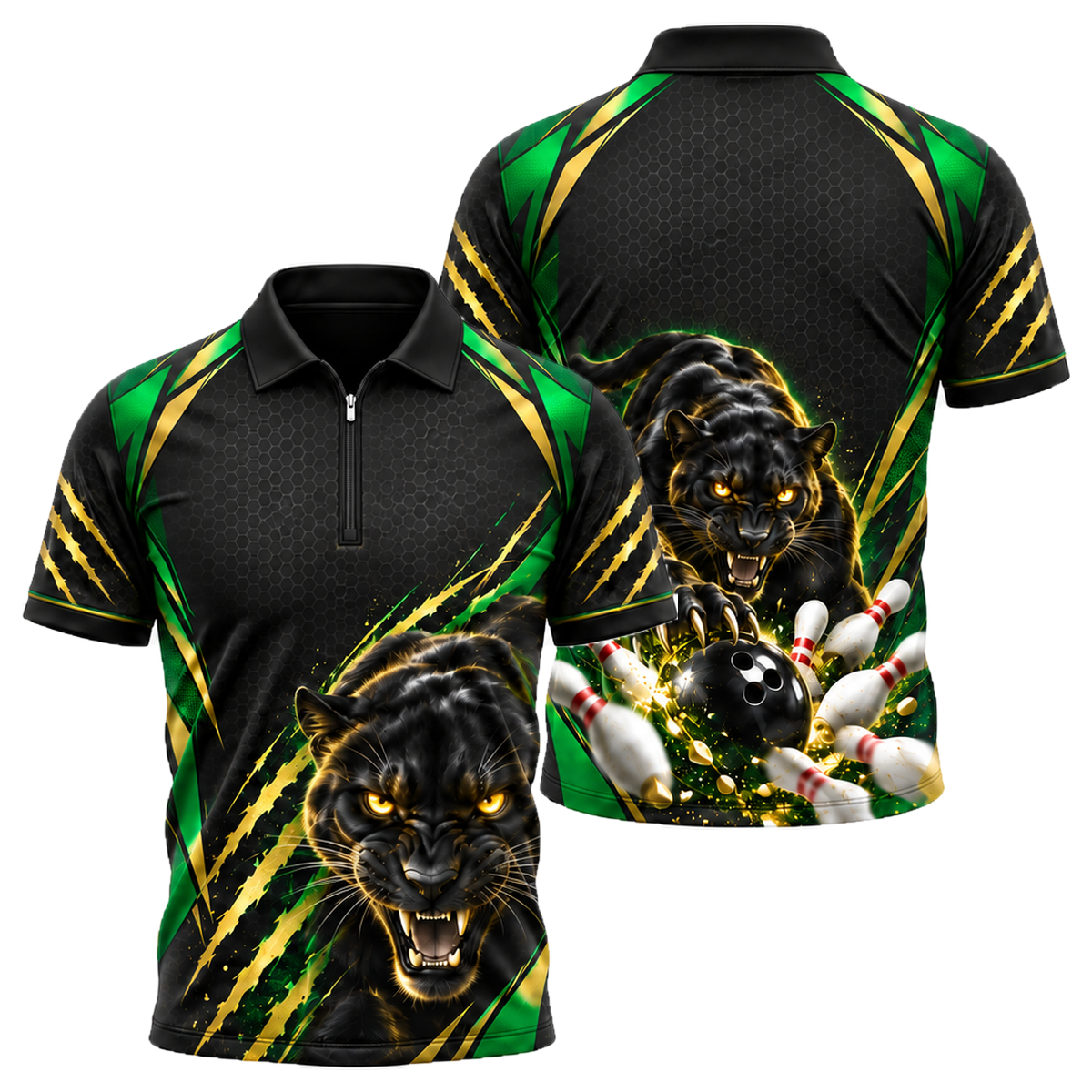 Gold Panther Strike Quarter-Zip Polo in Green & Gold