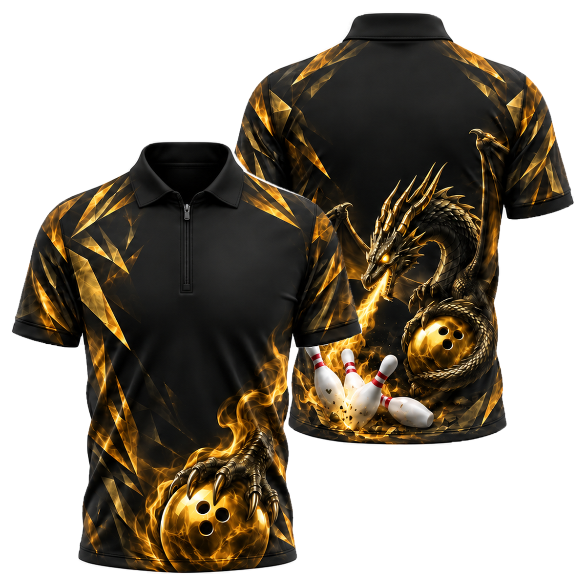 Violet Dragon Strike Quarter-Zip Polo in Black & Gold