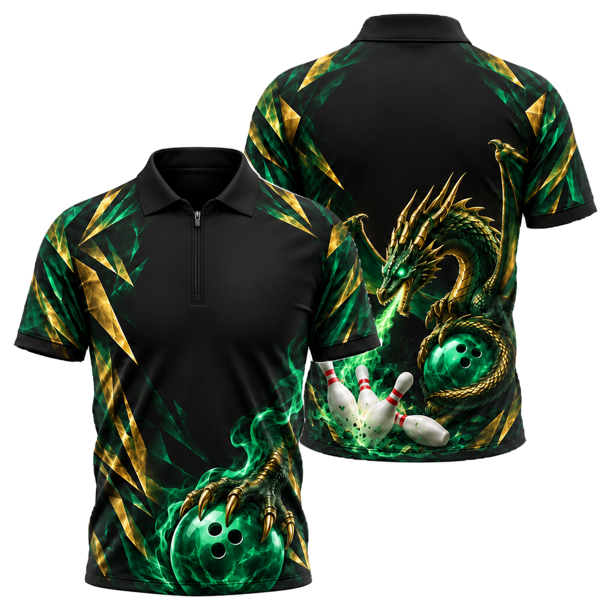 Violet Dragon Strike Quarter-Zip Polo in Green & Gold