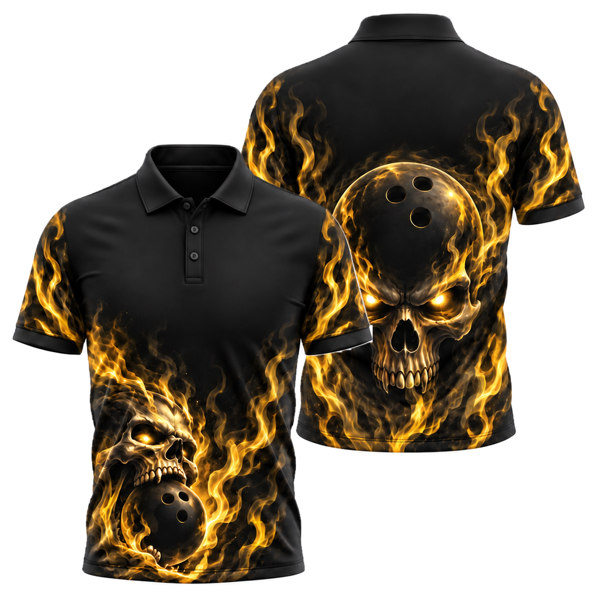 Phantom Skull Flame Unisex Polo in Black & Gold