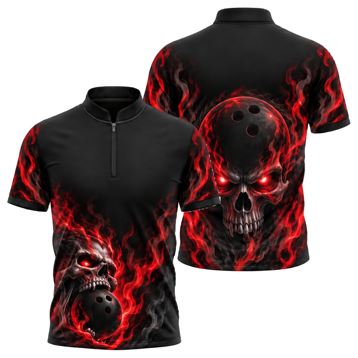 Phantom Skull Flame Bowling Jersey in Black & Red