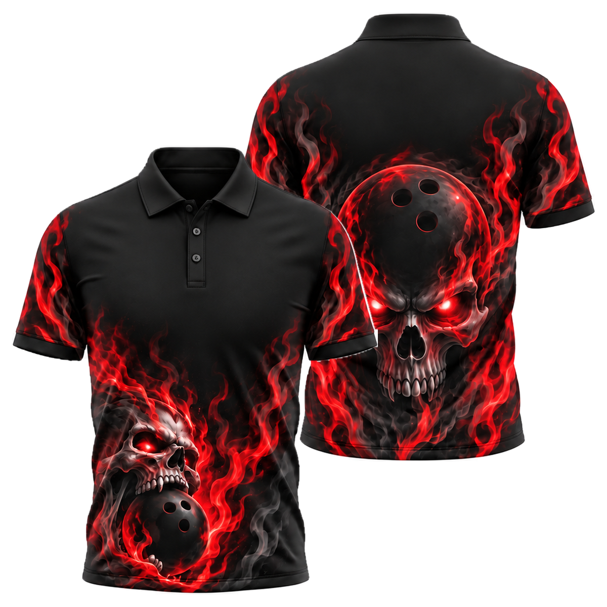 Phantom Skull Flame Unisex Polo in Black & Red