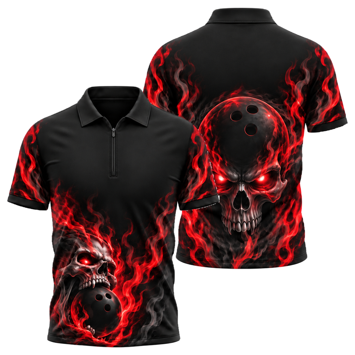 Phantom Skull Flame Quarter-Zip Polo in Black & Red