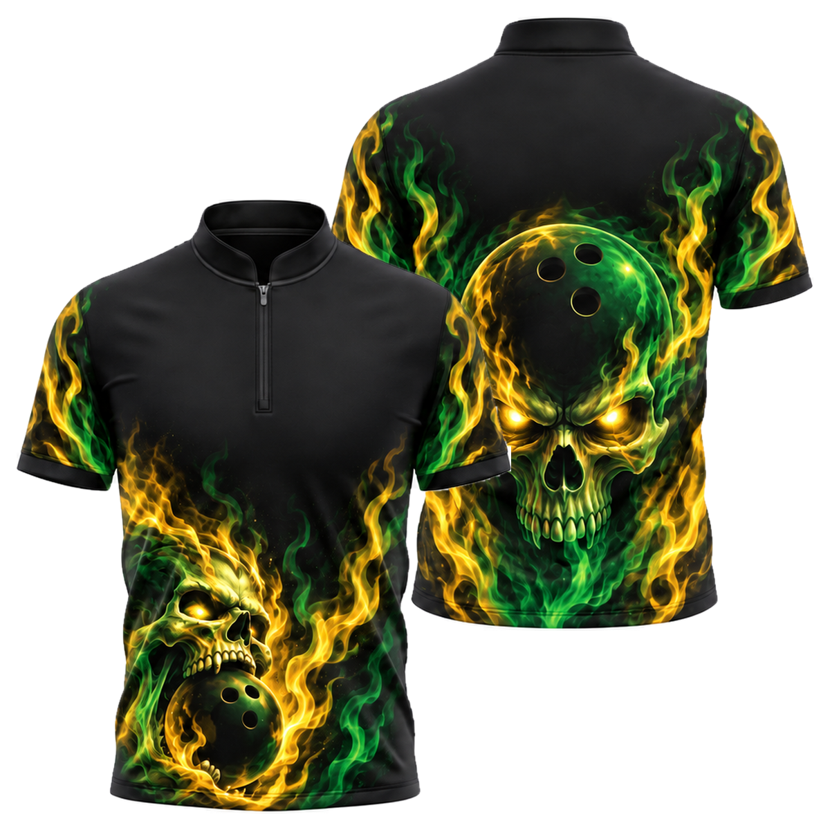 Phantom Skull Flame Bowling Jersey in Green & Gold
