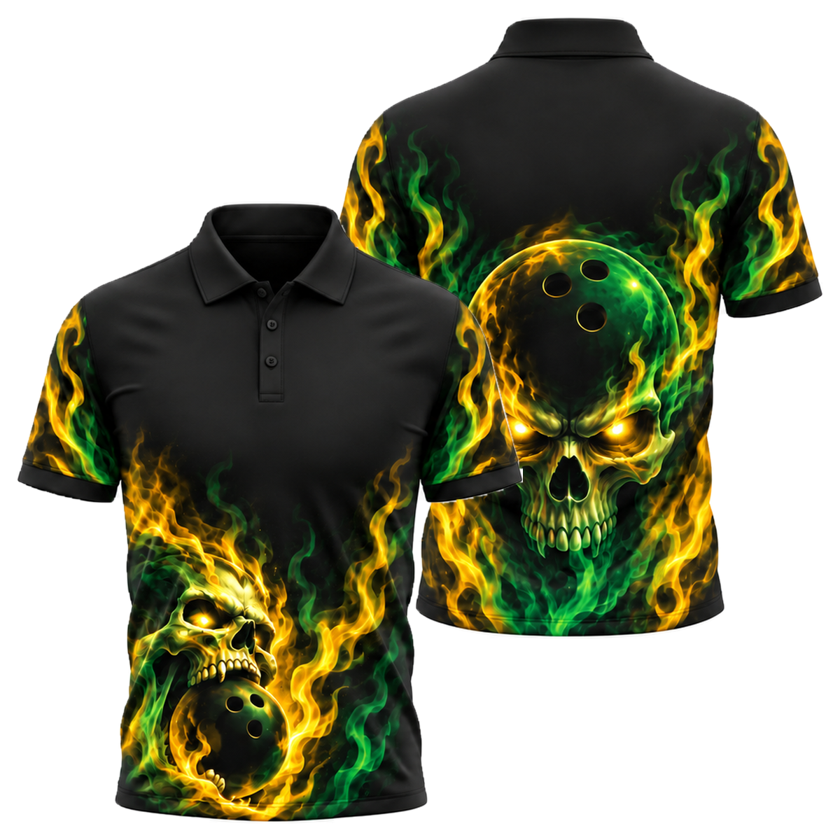 Phantom Skull Flame Unisex Polo in Green & Gold
