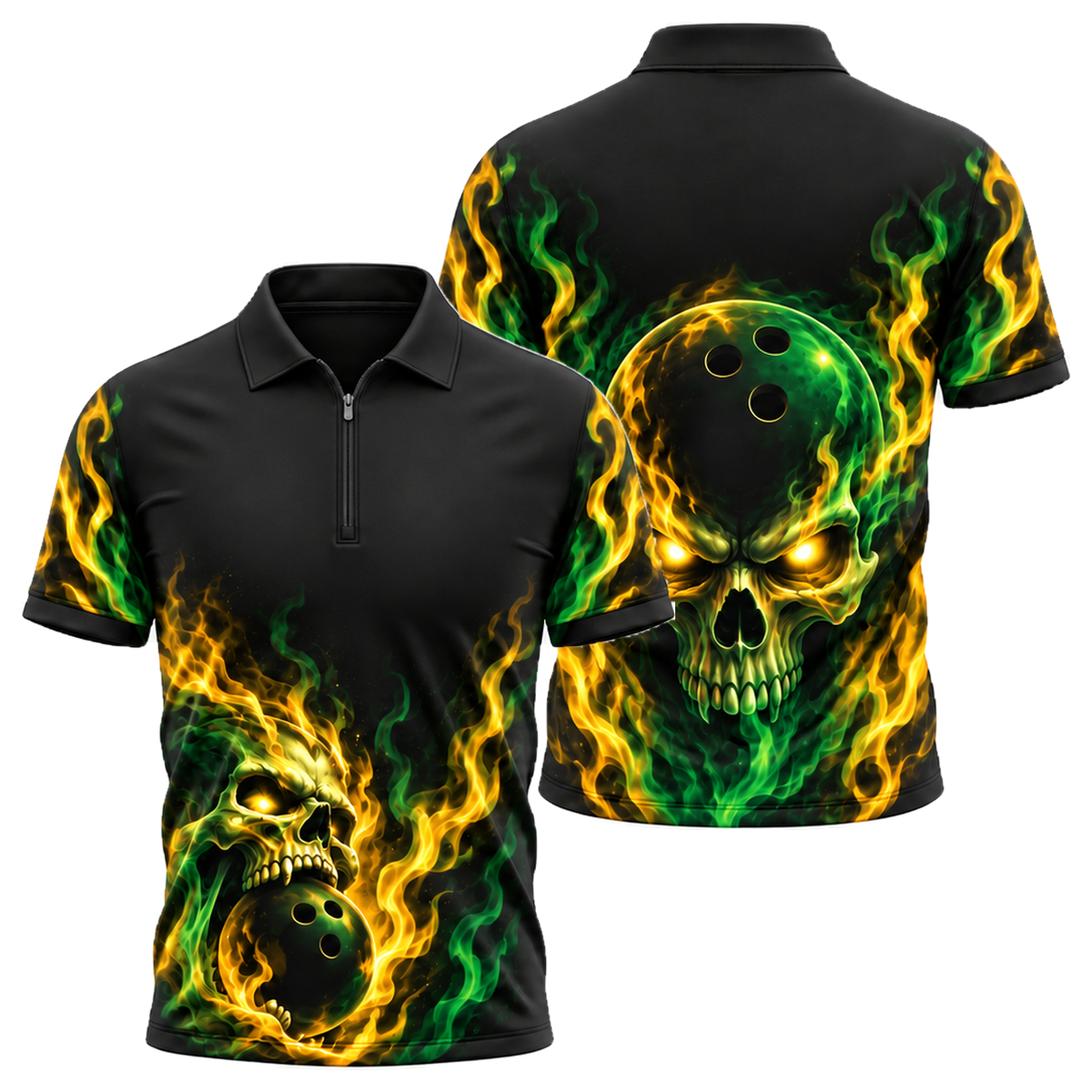 Phantom Skull Flame Quarter-Zip Polo in Green & Gold