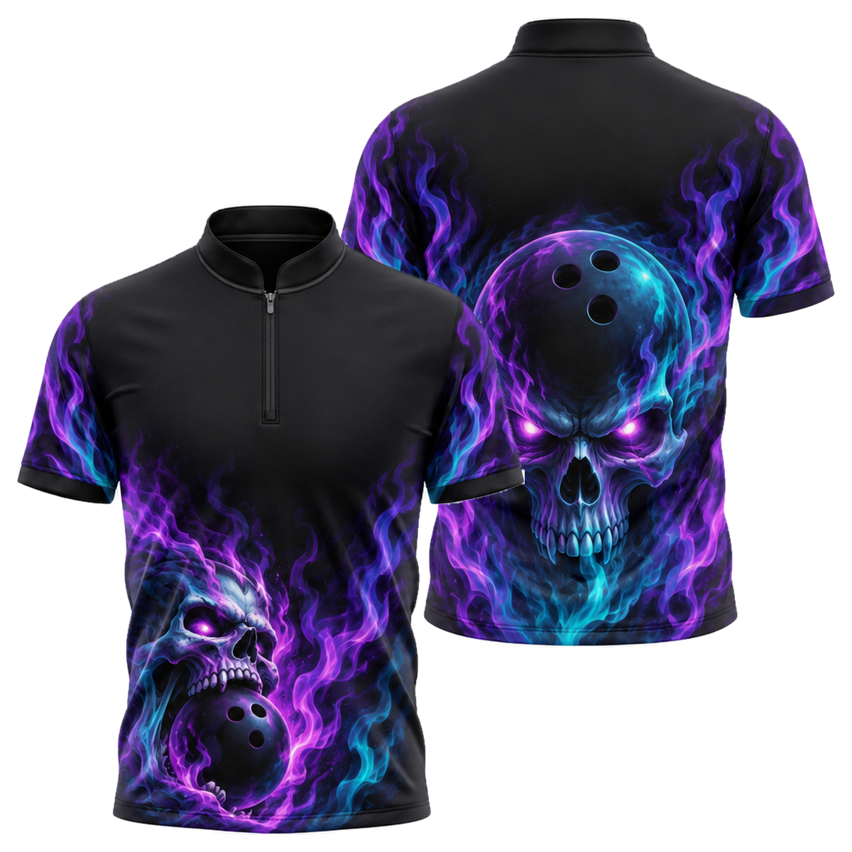 Phantom Skull Flame Bowling Jersey in Purple & Black
