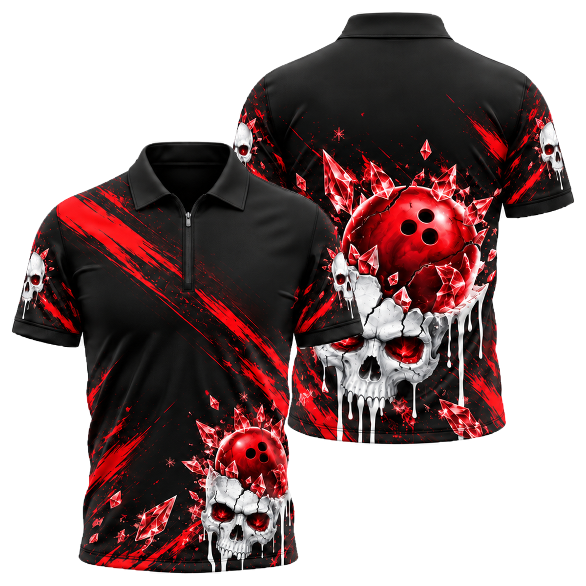 Ice Skull Strike Quarter-Zip Polo in Black & Red