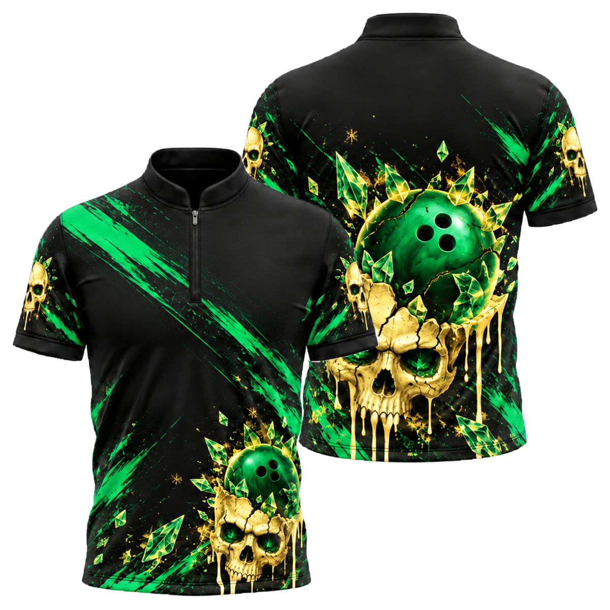 Ice Skull Strike Bowling Jersey in Green & Gold