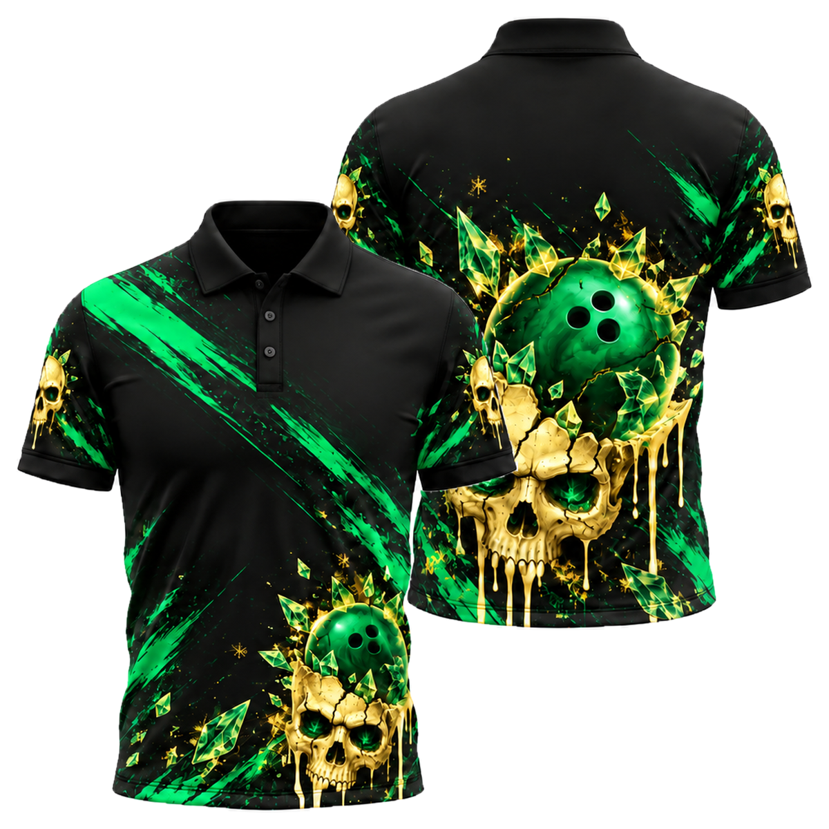 Ice Skull Strike Unisex Polo in Green & Gold