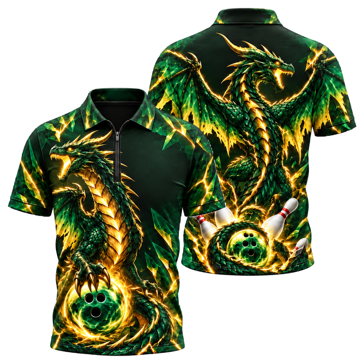Violet Wyvern Guardian Quarter-Zip Polo in Green & Gold