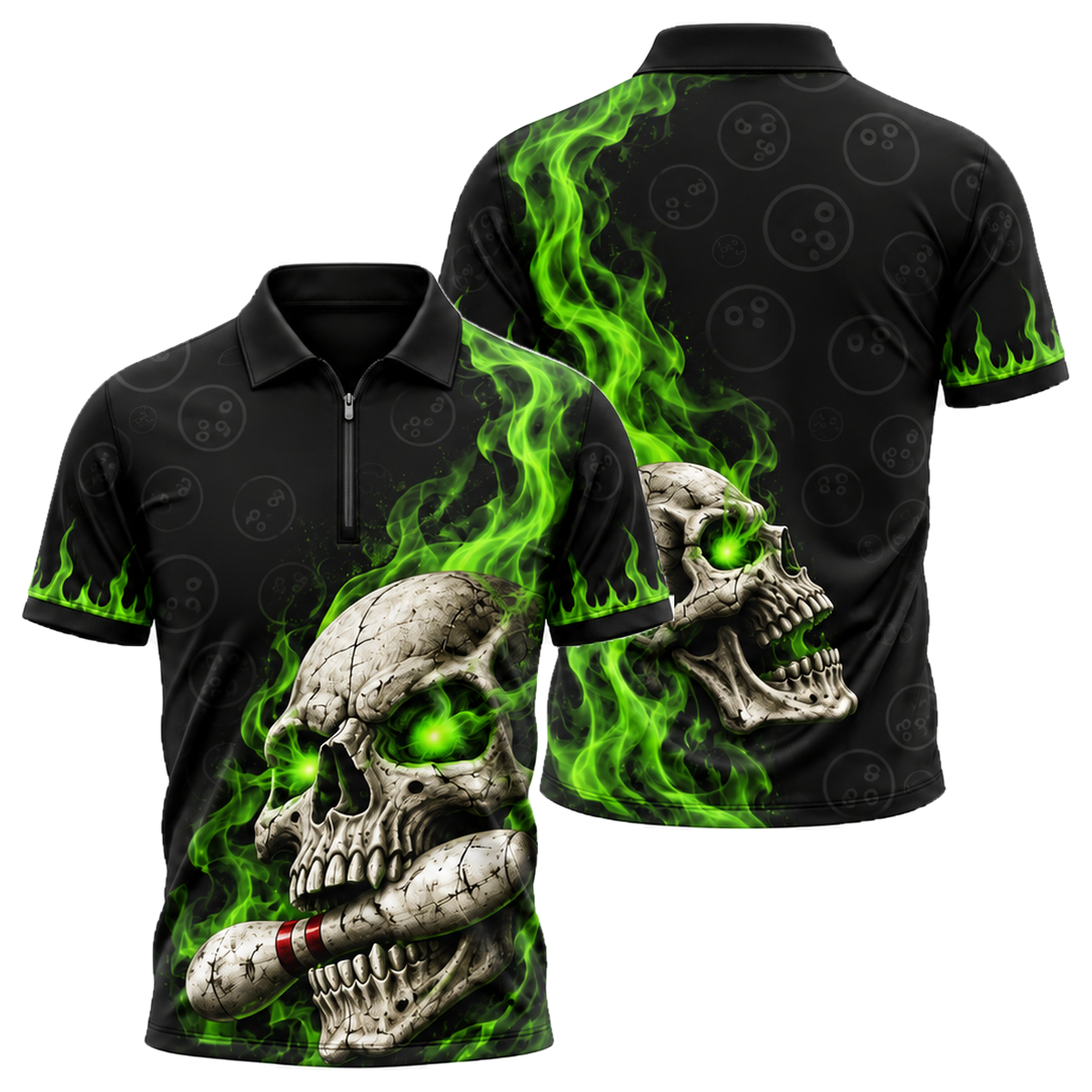 Toxic Skull Rack Quarter-Zip Polo in Green & Gold