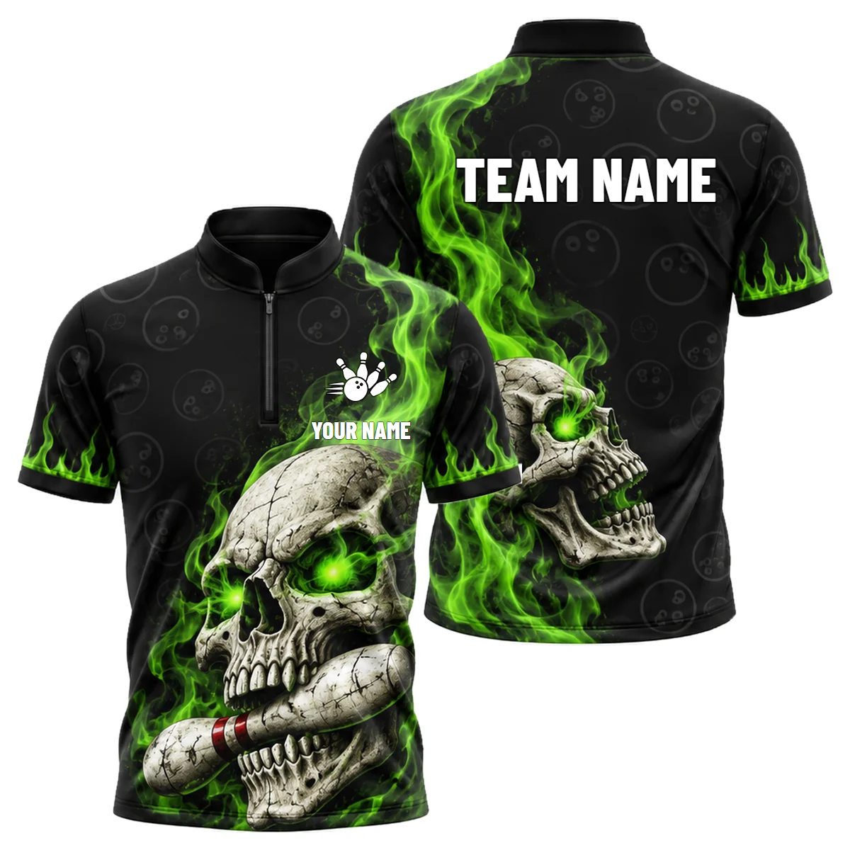 Toxic Skull Rack custom bowling shirt personalized with name and team name