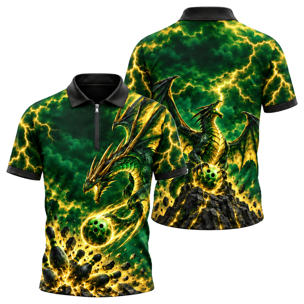 Storm Wyvern Strike Quarter-Zip Polo in Green & Gold