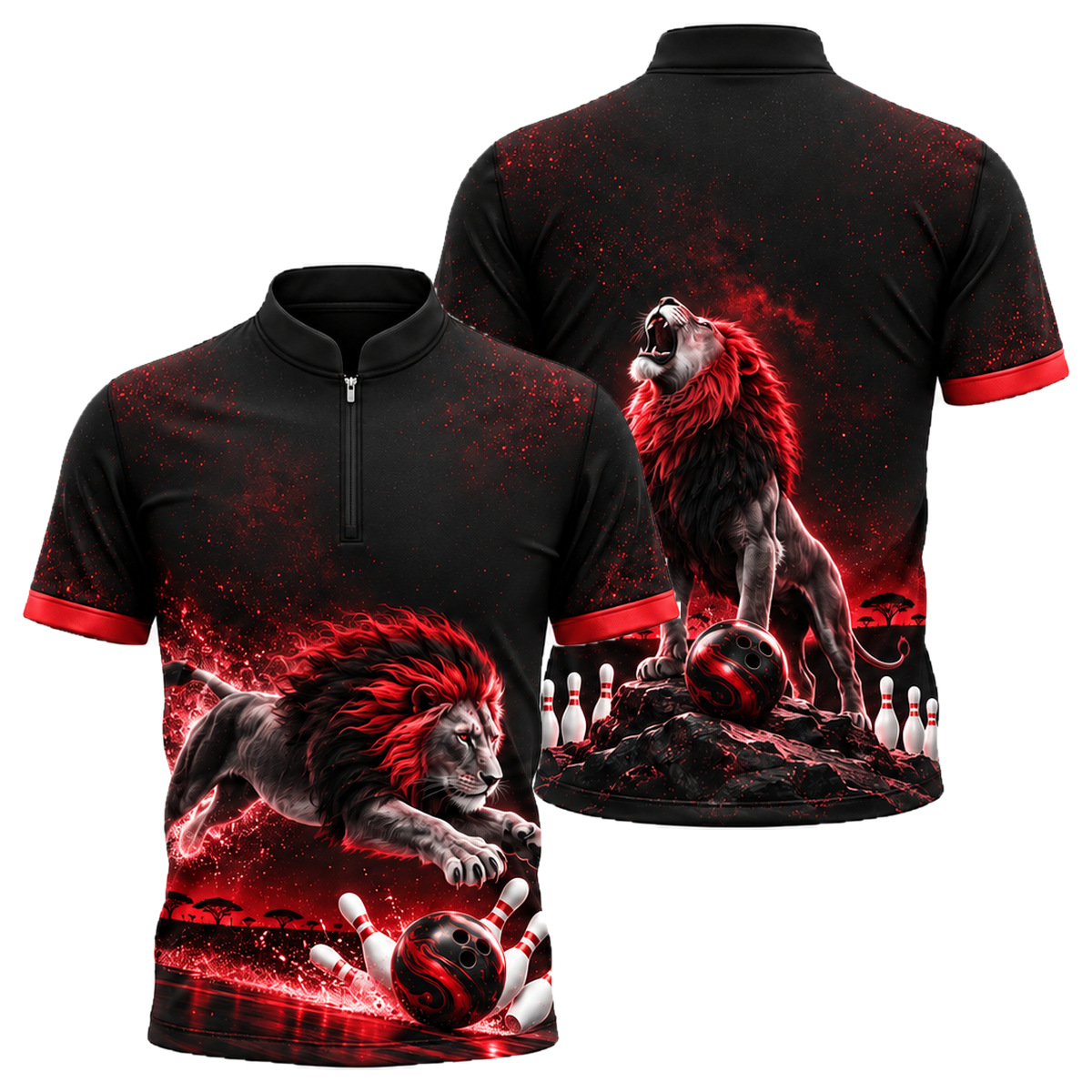 Midnight Lion Pounce Bowling Jersey in Black & Red