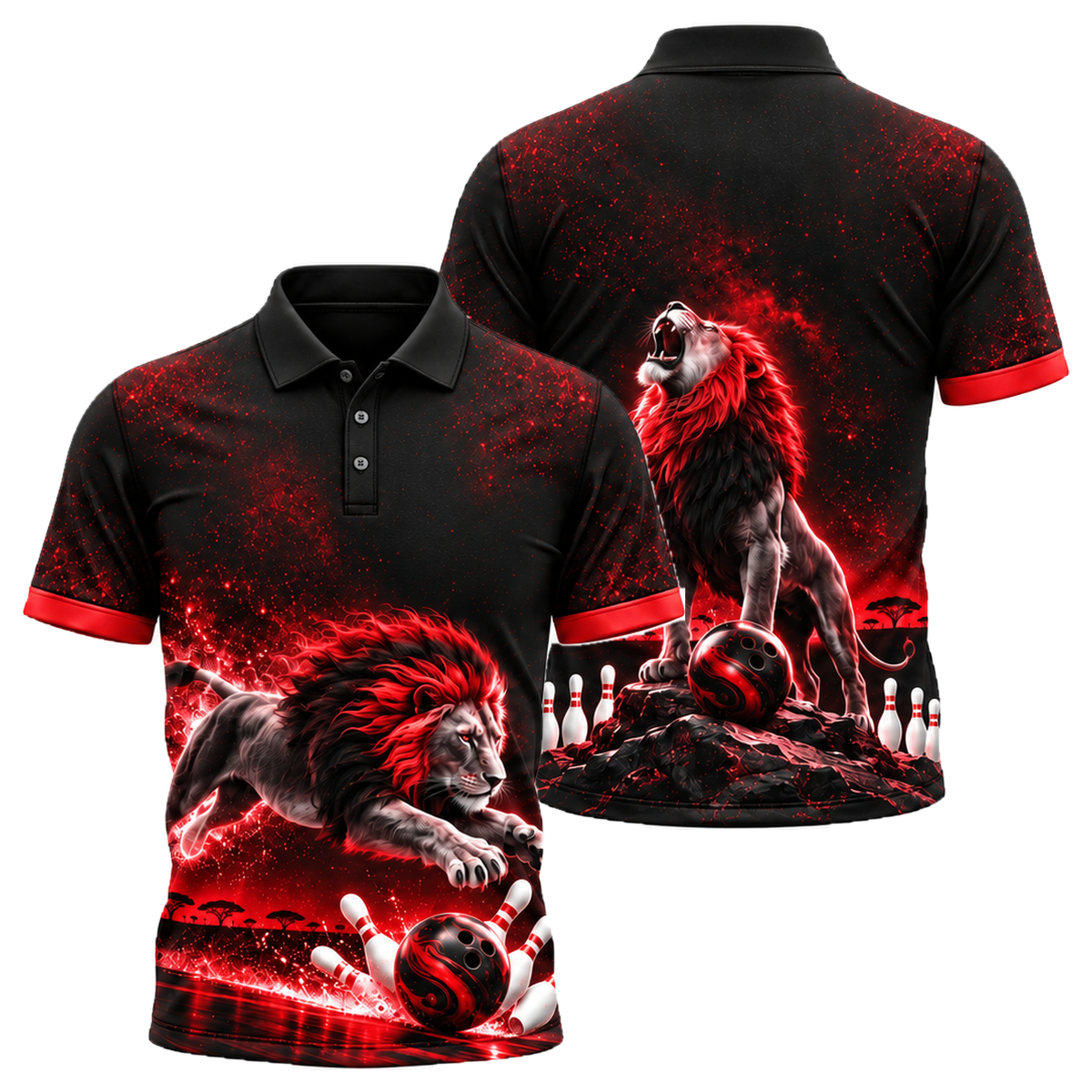 Midnight Lion Pounce Unisex Polo in Black & Red