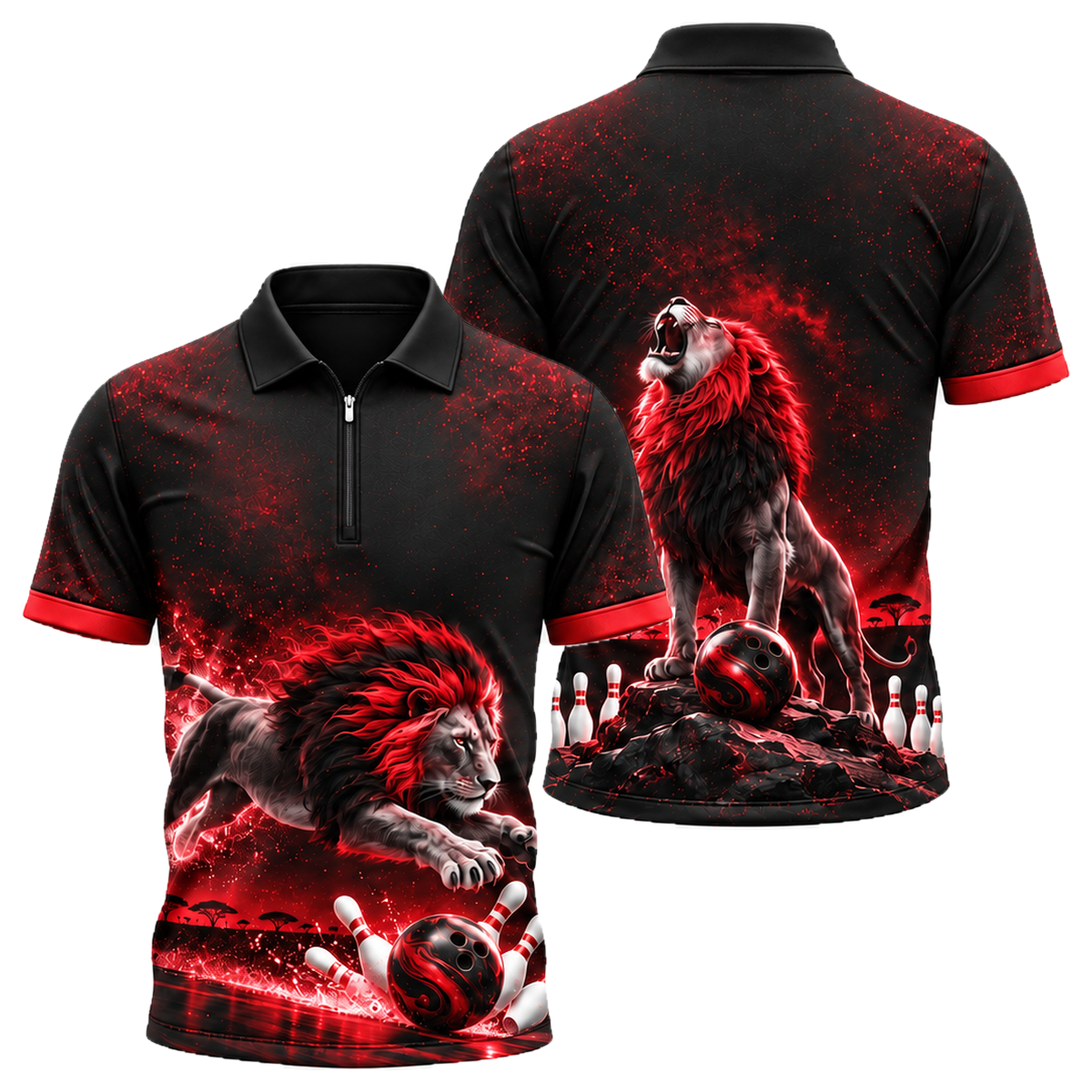 Midnight Lion Pounce Quarter-Zip Polo in Black & Red